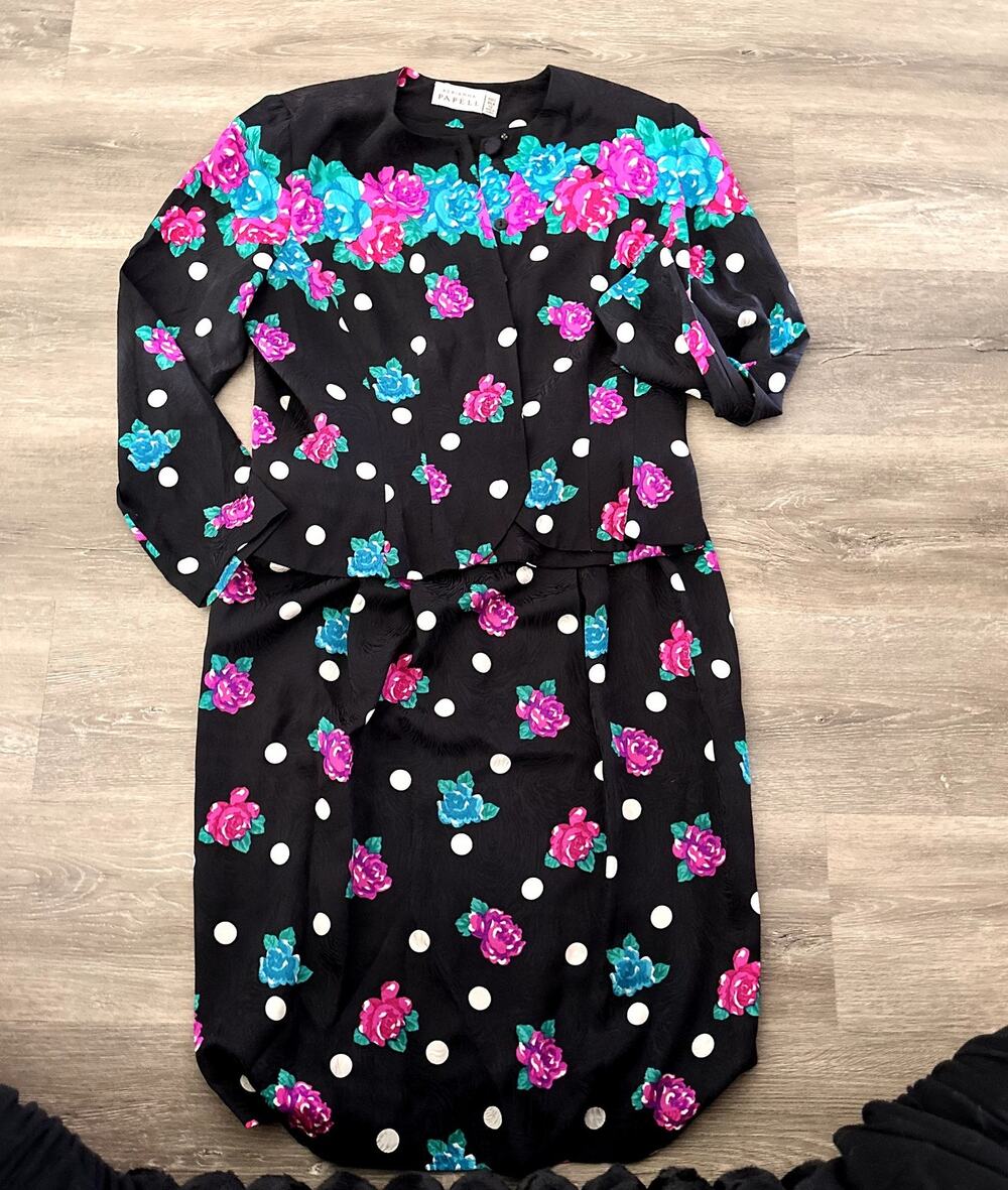 Adrianna Papell  Vintage Silk Two Piece Skirt Jacket Floral Black Size 12